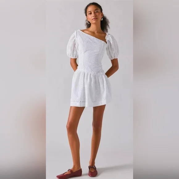 Rare London UO White Eyelet Assymetric Puff Sleeve Mini Dress - Picture 2 of 5